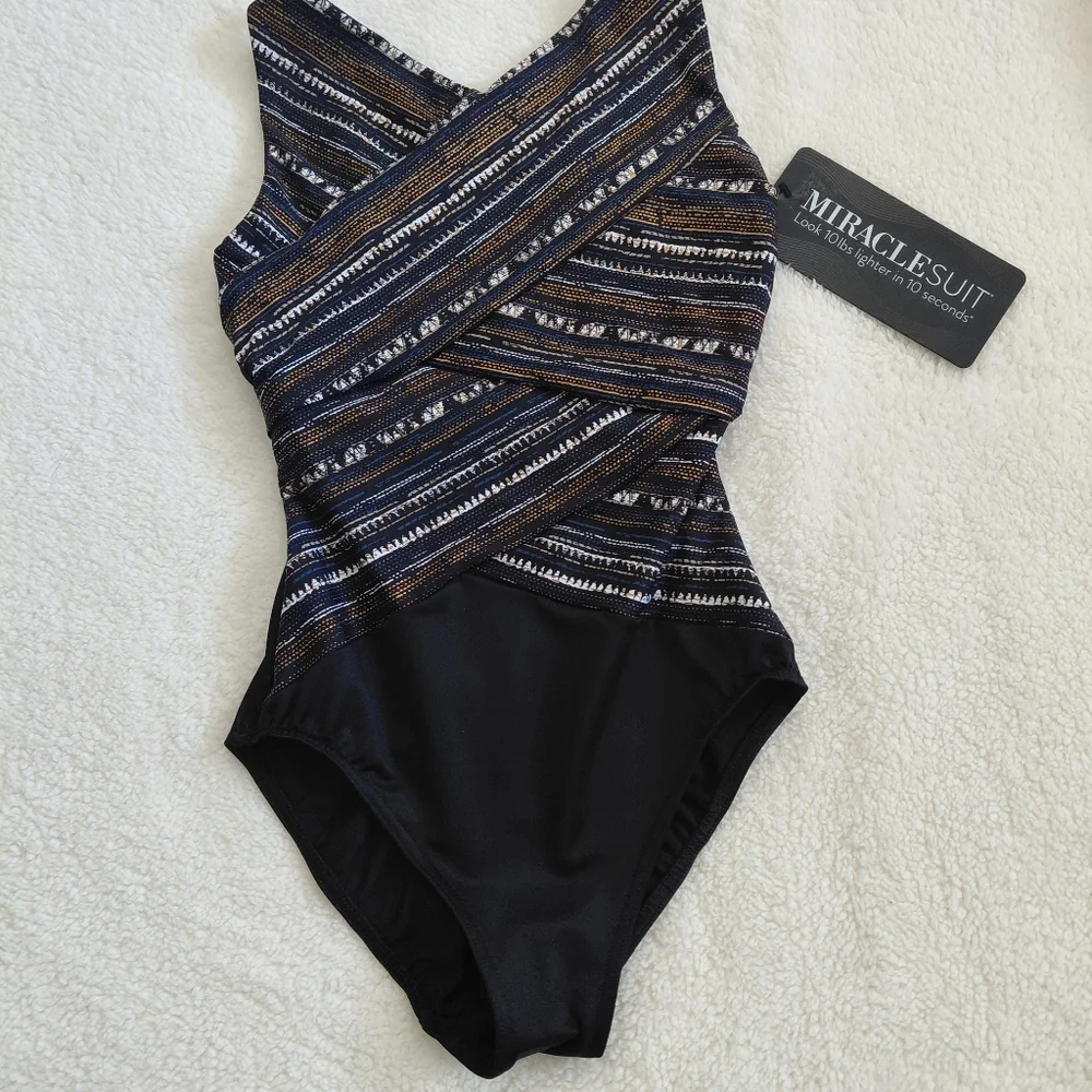 Miraclesuit Slimming One Piece Size 8 Black Multi Criss Cross Tummy Control Flat - Picture 5 of 8